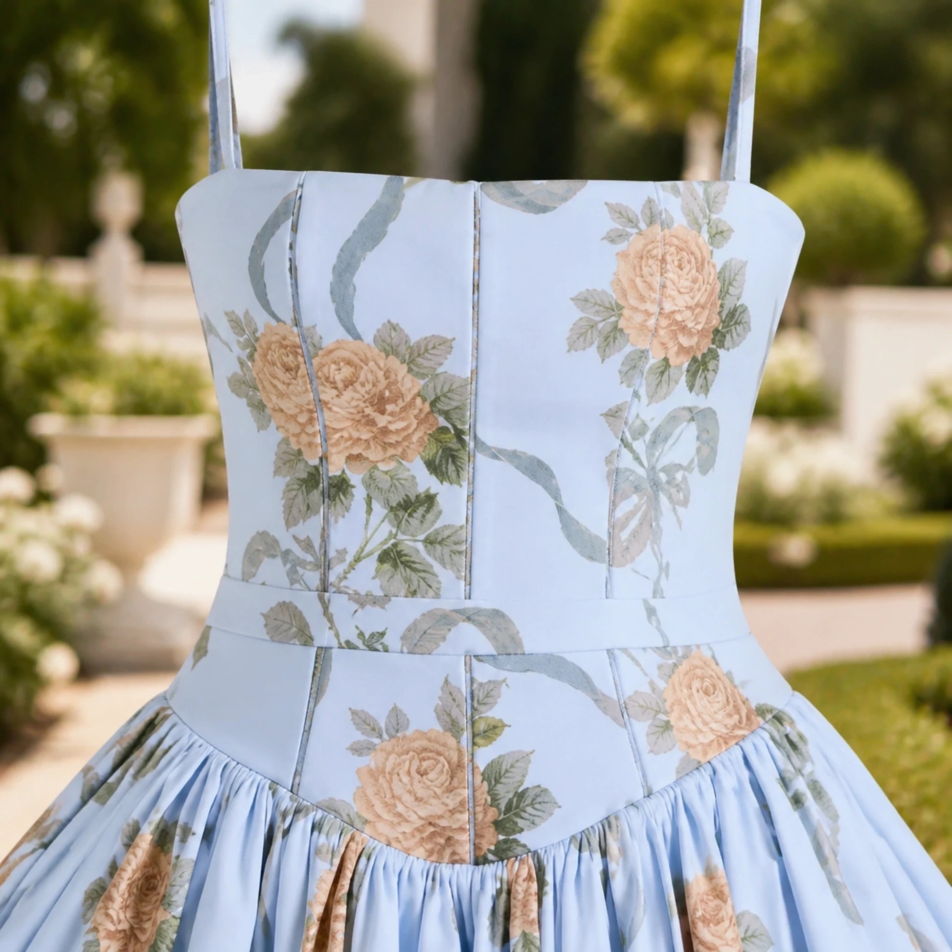 long wedding guest dress — Powder Blue Floral corset bodice strap seam and gathered waist detail — view 11