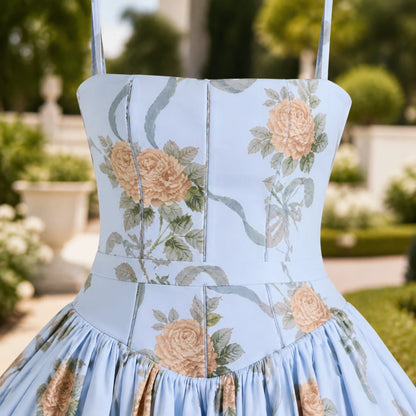 long wedding guest dress — Powder Blue Floral corset bodice strap seam and gathered waist detail — view 11