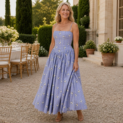 long wedding guest dress — Periwinkle Floral corset midi wedding guest dress complete front view — view 6