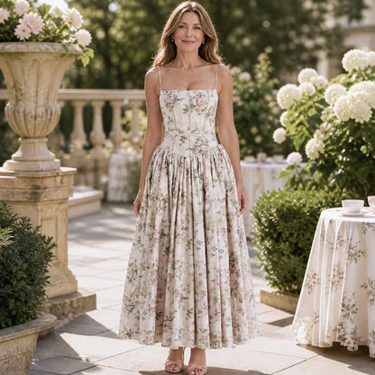 long wedding guest dress — Blush Rose Floral corset midi wedding guest dress complete front view — view 7