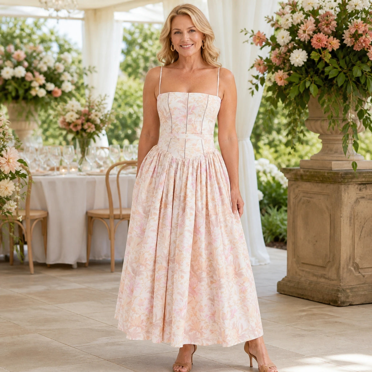 long wedding guest dress — Peach Botanical corset midi wedding guest dress complete front view — view 8