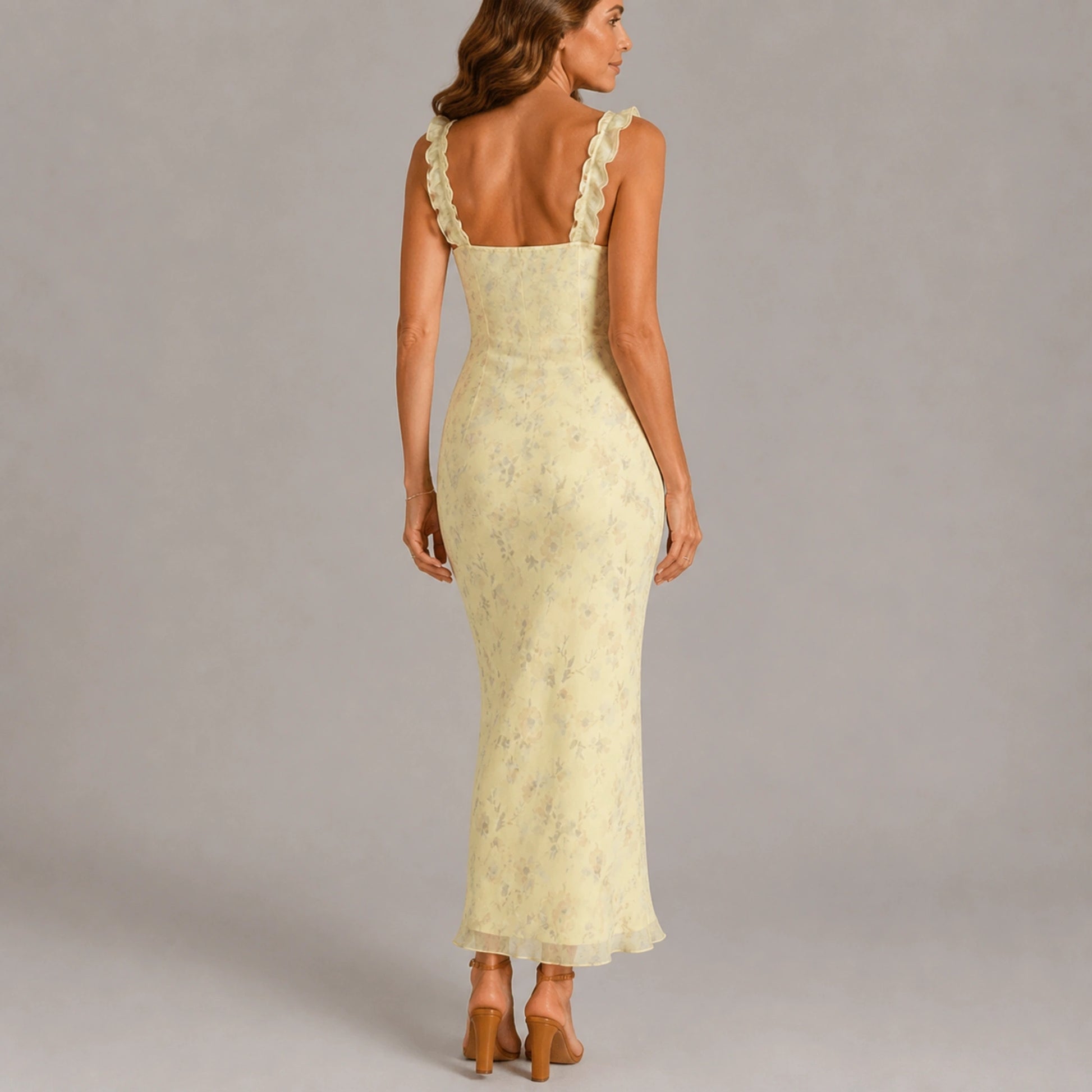 long wedding guest dress — Buttercream Floral back — view 4