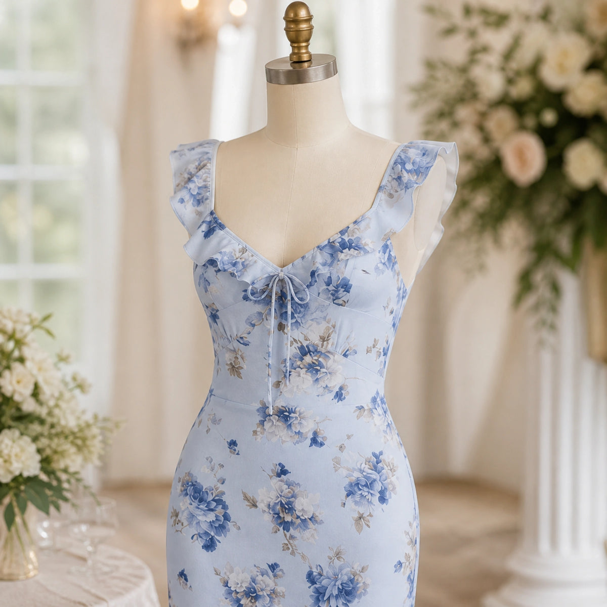 long wedding guest dress — Powder Blue Floral detail — view 5