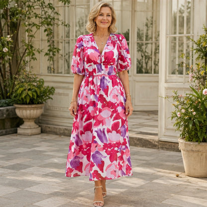 long wedding guest dress — Pink floral puff sleeve wedding guest dress complete front view — view 3