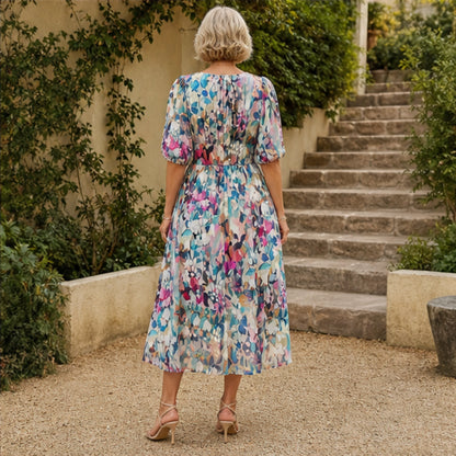 long wedding guest dress — Multicolor botanical wedding guest dress direct back view — view 4