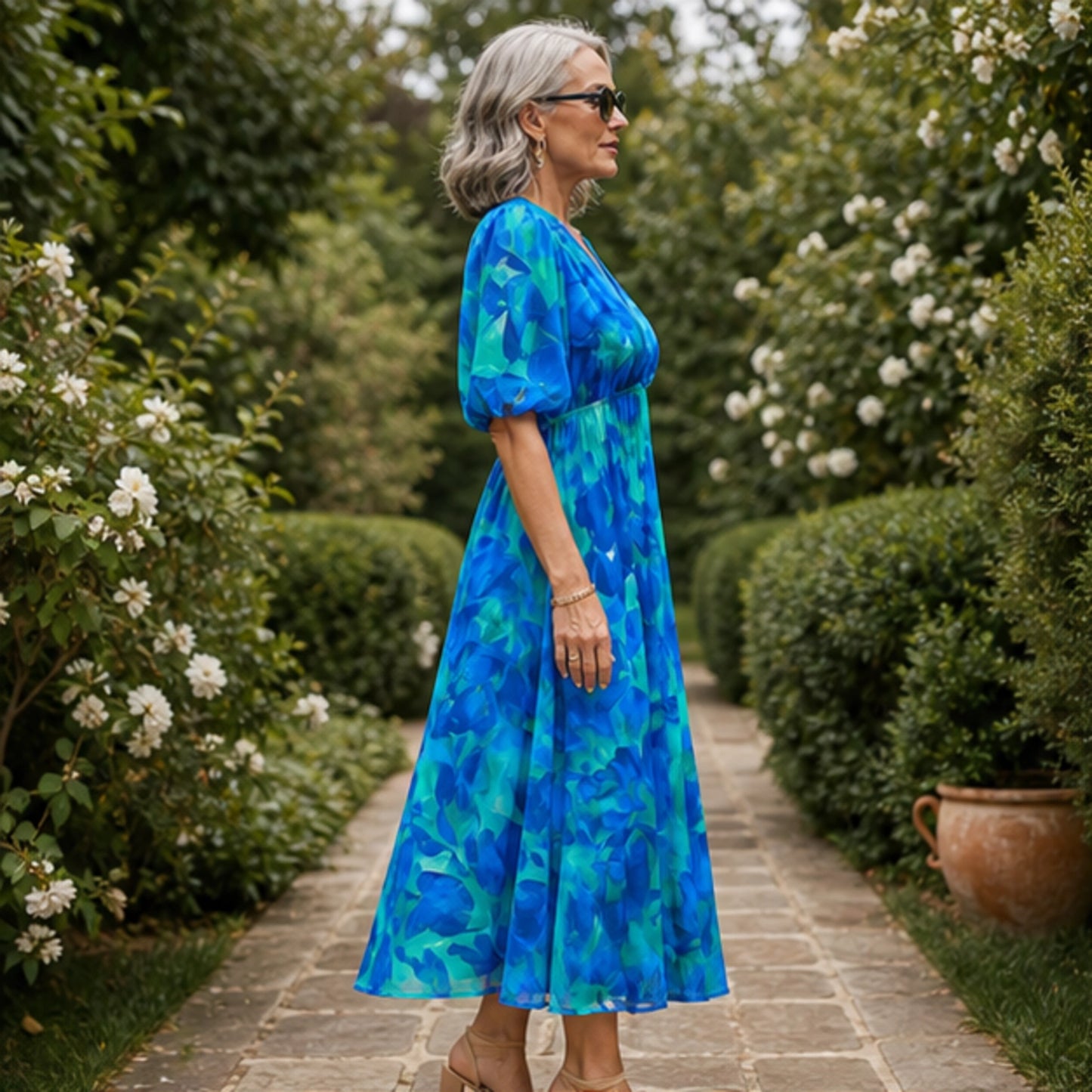 long wedding guest dress — Blue and teal floral wedding guest dress true side view — view 5