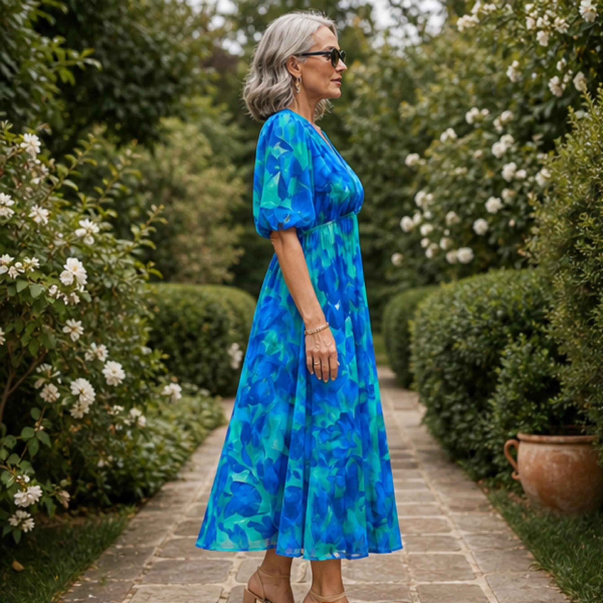 long wedding guest dress — Blue and teal floral wedding guest dress true side view — view 5