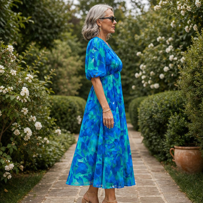 long wedding guest dress — Blue and teal floral wedding guest dress true side view — view 5