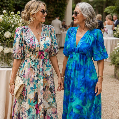 long wedding guest dress — Mature women wearing floral wedding guest dresses at a garden gathering — view 8
