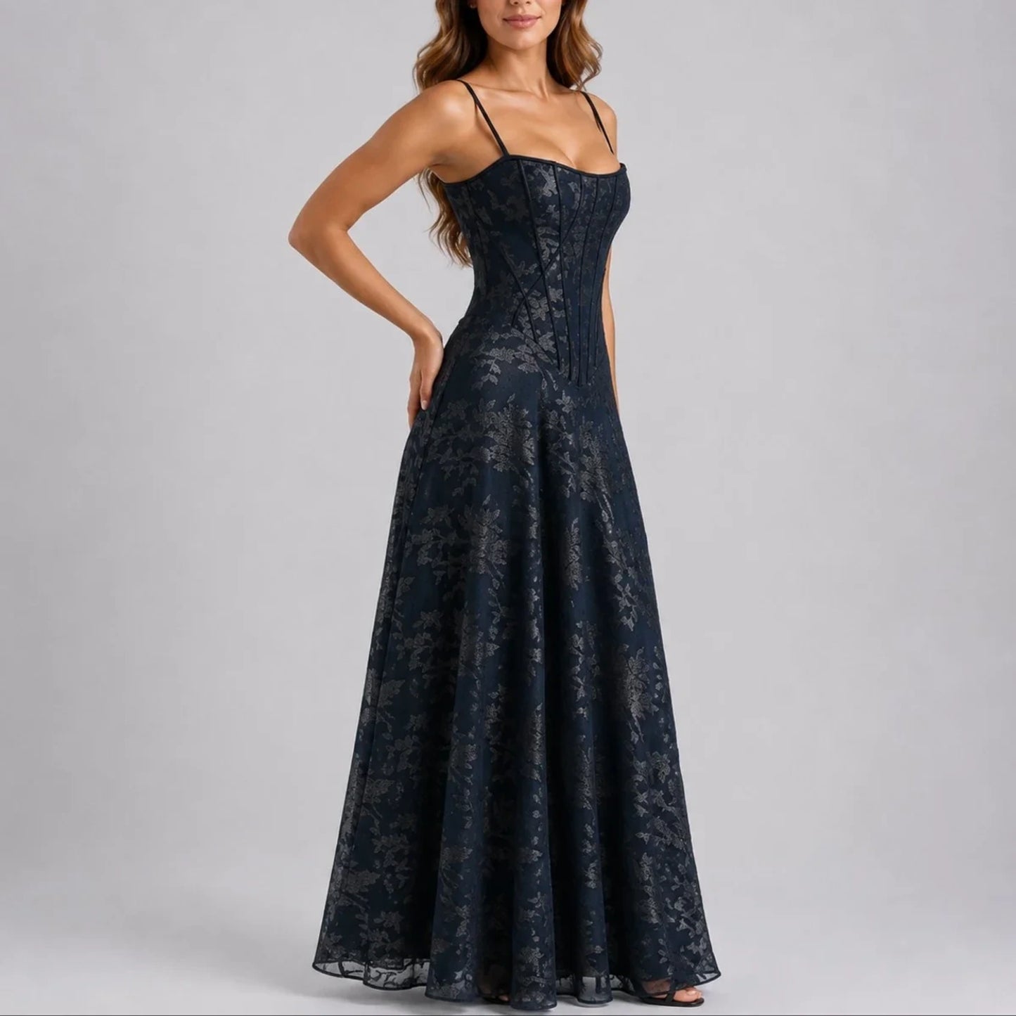 Long wedding guest dress — Women's Fall Dresses Floral Corset Maxi Navy — view 3 — view 3