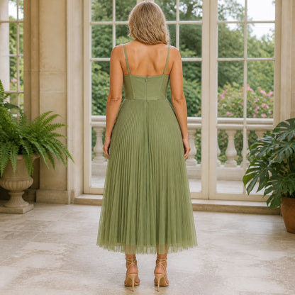 long wedding guest dress — Octavia sage green pleated tulle wedding guest dress — back view — view 3