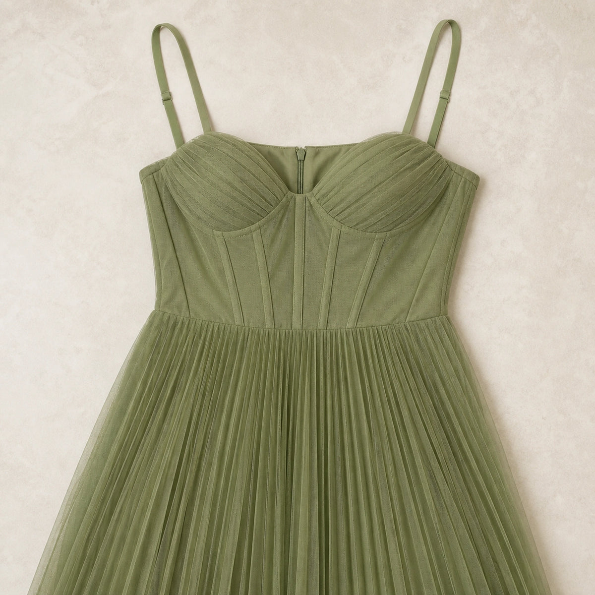 long wedding guest dress — Octavia sage green pleated tulle wedding guest dress — detail view — view 4