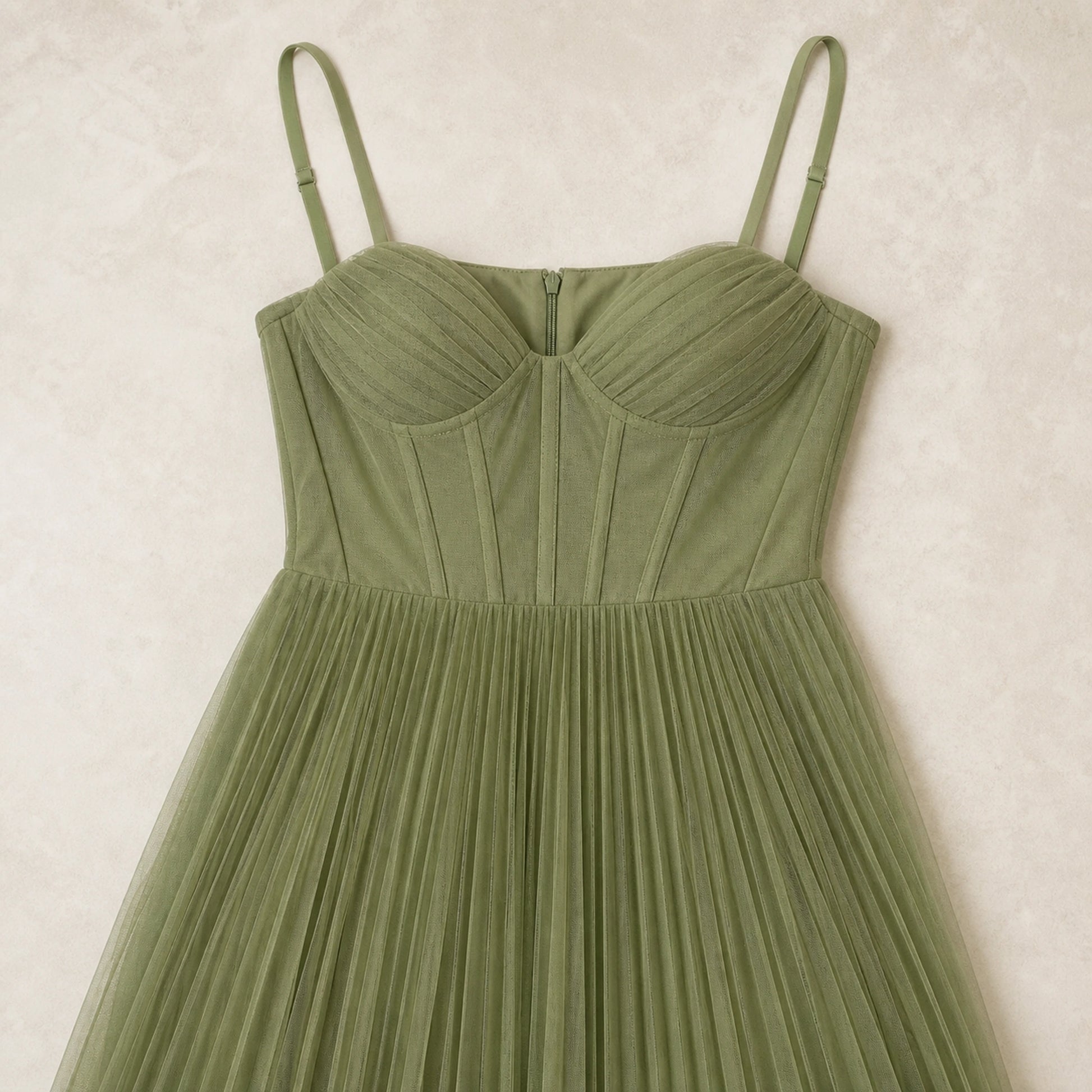 long wedding guest dress — Octavia sage green pleated tulle wedding guest dress — detail view — view 4