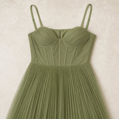 long wedding guest dress — Octavia sage green pleated tulle wedding guest dress — detail view — view 4