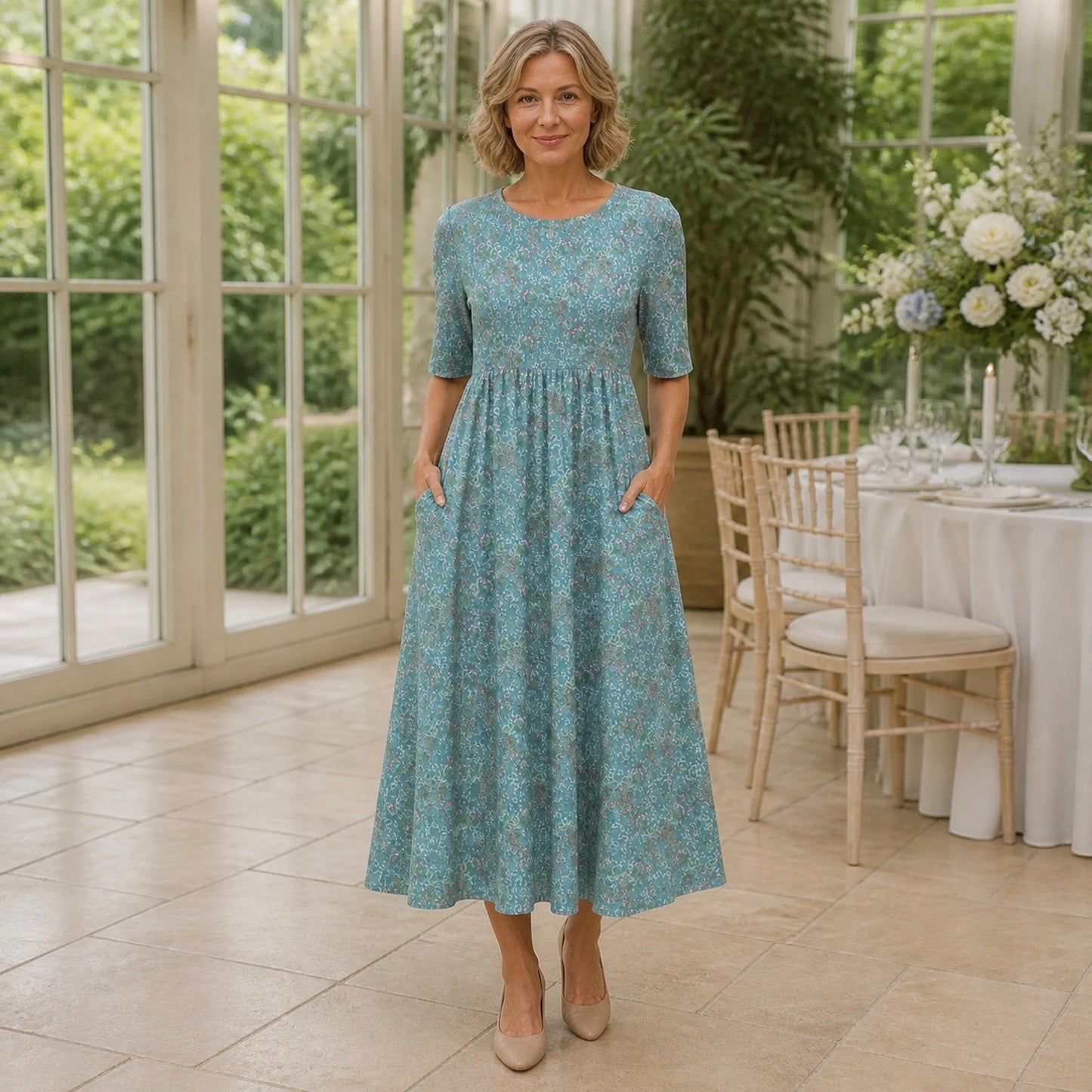long wedding guest dress — Blue floral gathered waist midi wedding guest dress complete front view