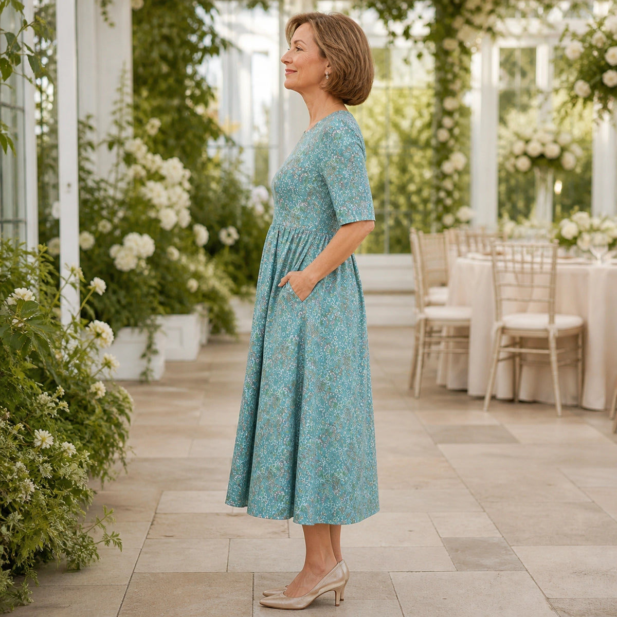 long wedding guest dress — Blue floral gathered waist midi wedding guest dress true side view — view 2