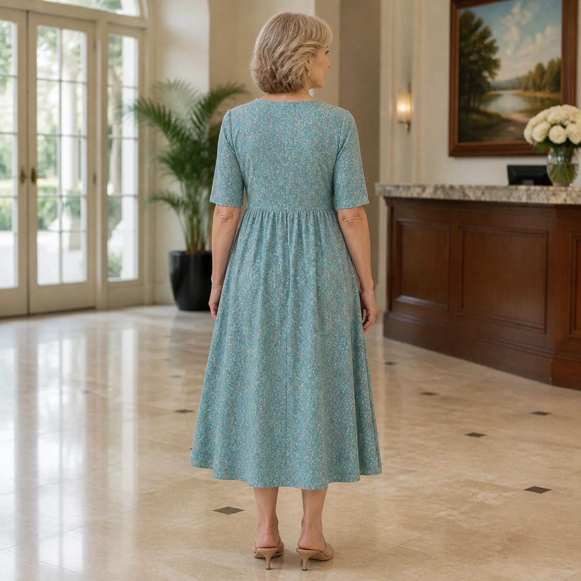 long wedding guest dress — Blue floral gathered waist midi wedding guest dress complete rear view — view 3