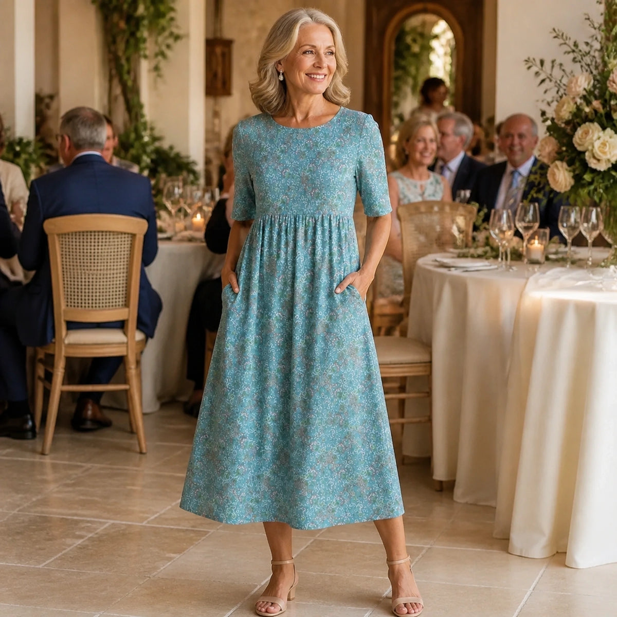 long wedding guest dress — Mature woman wearing blue floral midi wedding guest dress at reception — view 6
