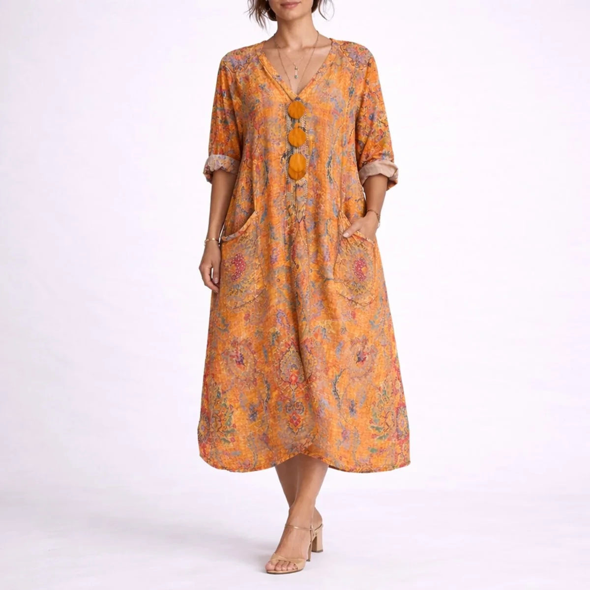 Long wedding guest dress — Women's Bohemian Paisley Maxi Fall Orange — view 2 — view 2