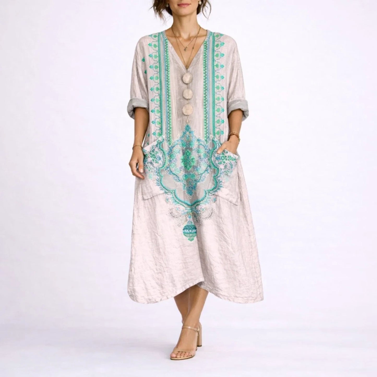 Long wedding guest dress — Women's Bohemian Paisley Maxi Fall Pink Green — view 3 — view 3