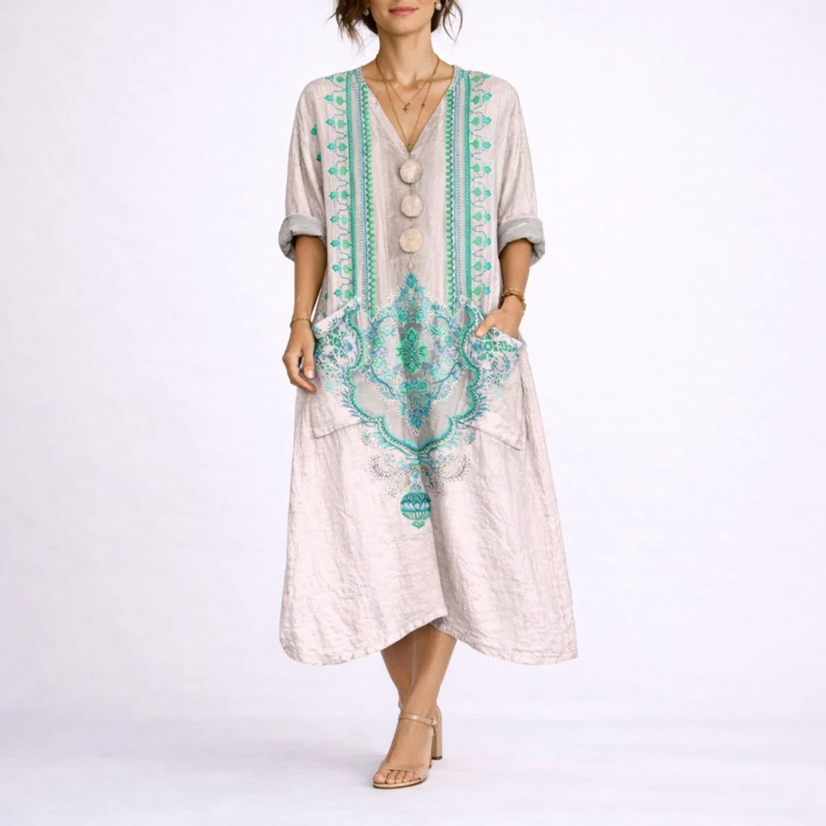 Long wedding guest dress — Women's Bohemian Paisley Maxi Fall Pink Green — view 3 — view 3