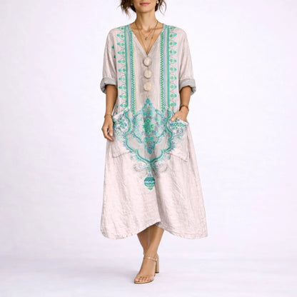 Long wedding guest dress — Women's Bohemian Paisley Maxi Fall Pink Green — view 3 — view 3