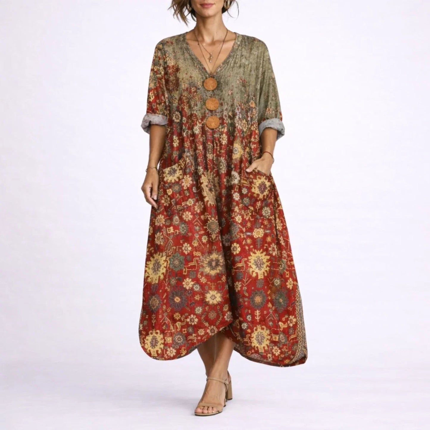 Long wedding guest dress — Women's Bohemian Paisley Maxi Fall Red Carpet — view 4 — view 4