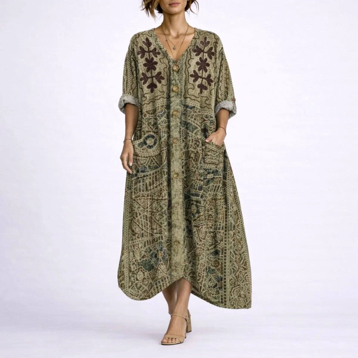 Long wedding guest dress — Women's Bohemian Paisley Maxi Fall Green — view 5 — view 5