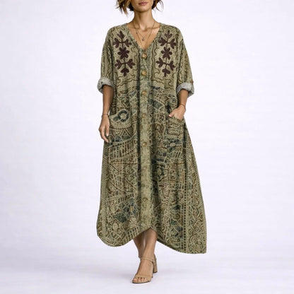 Long wedding guest dress — Women's Bohemian Paisley Maxi Fall Green — view 5 — view 5
