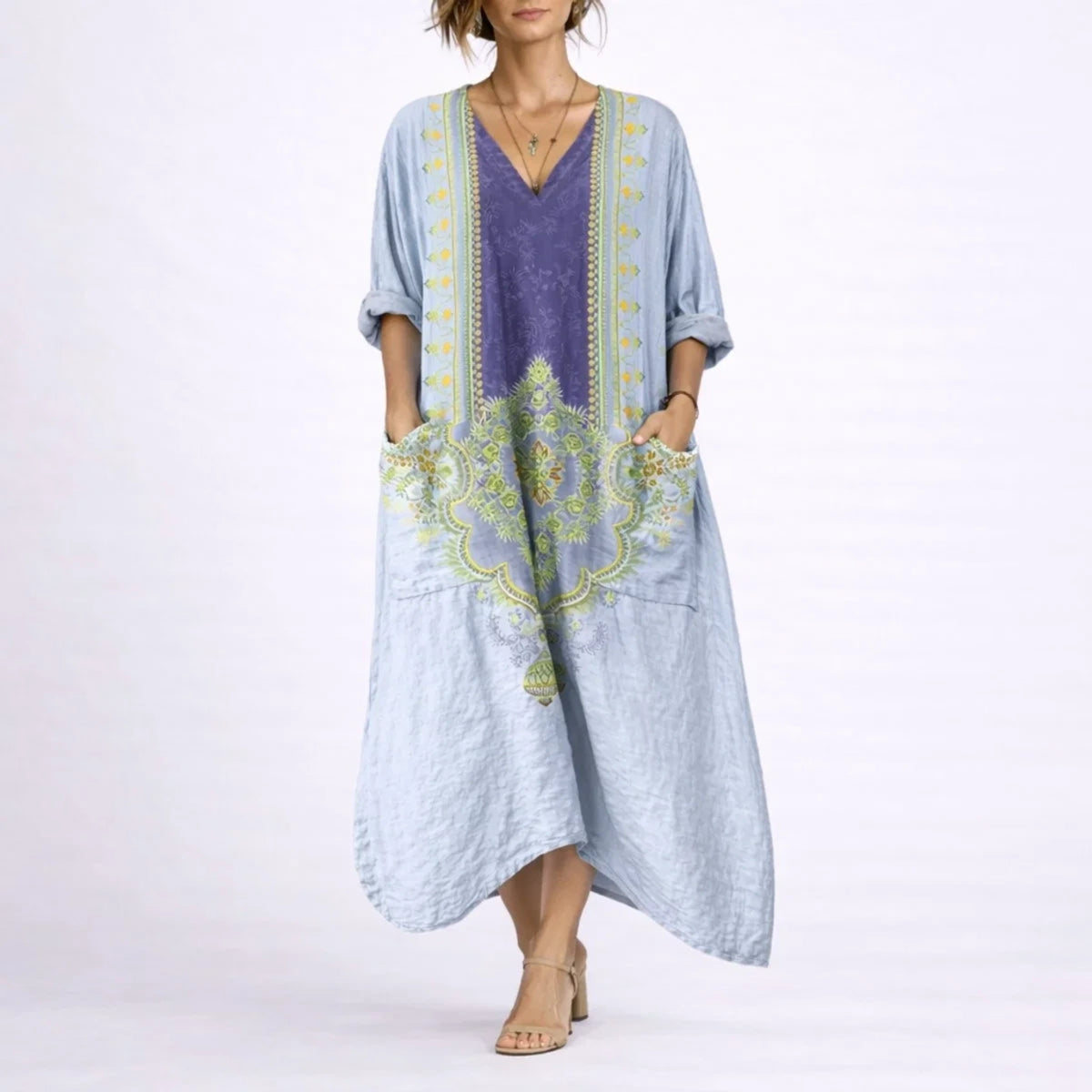 Long wedding guest dress — Women's Bohemian Paisley Maxi Fall Blue Purple — view 6 — view 6
