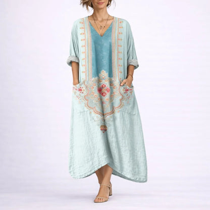 Long wedding guest dress — Women's Bohemian Paisley Maxi Fall Green Blue — view 8 — view 8