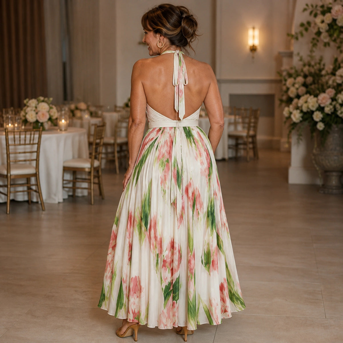 long wedding guest dress — Ivory Pink Watercolor Floral back — view 3