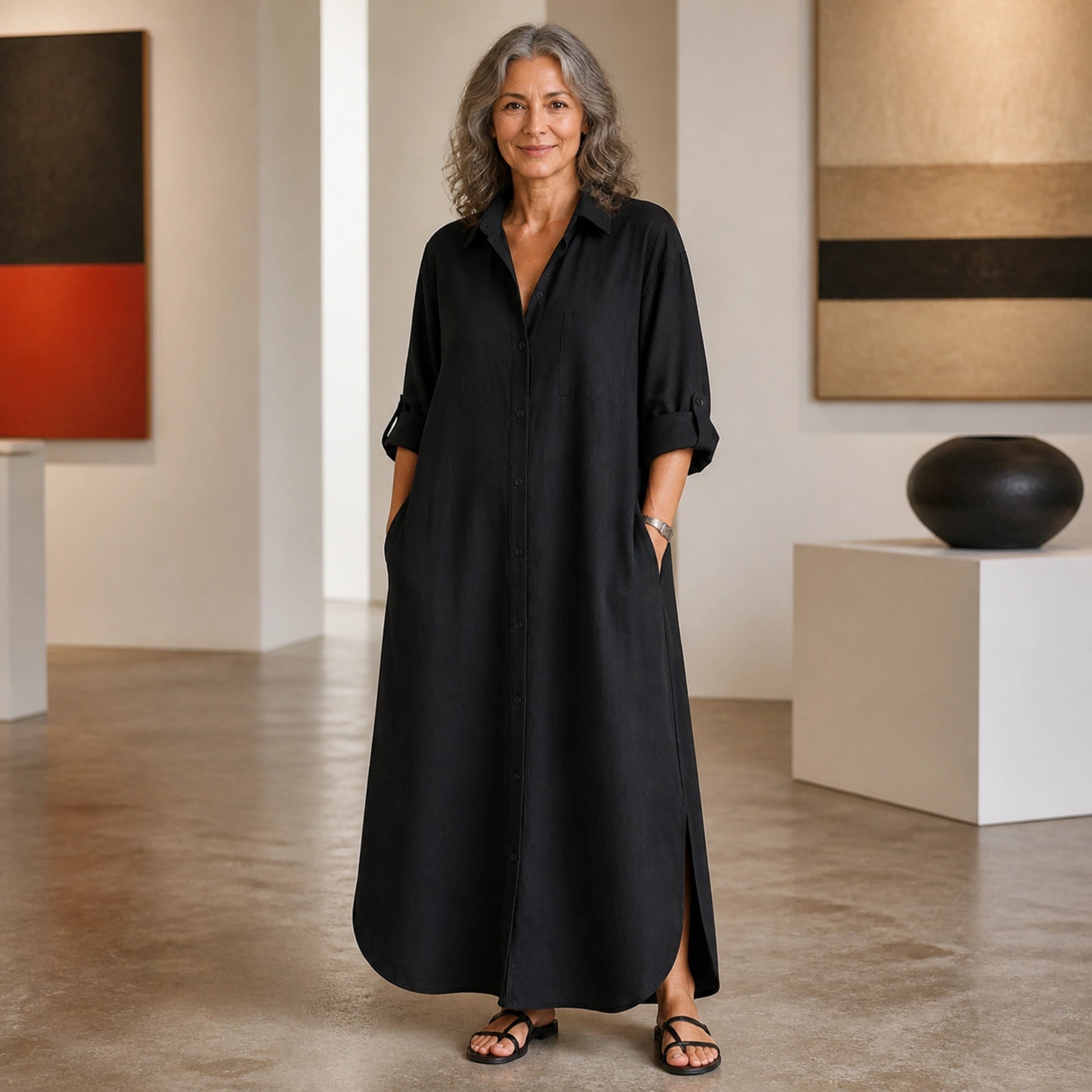 long wedding guest dress — Black linen button front maxi wedding guest dress complete view