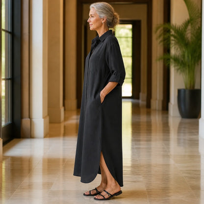 long wedding guest dress — Black linen button front maxi wedding guest dress true side view — view 3
