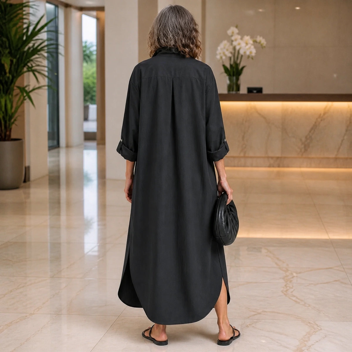 long wedding guest dress — Black linen button front maxi wedding guest dress complete back view — view 4