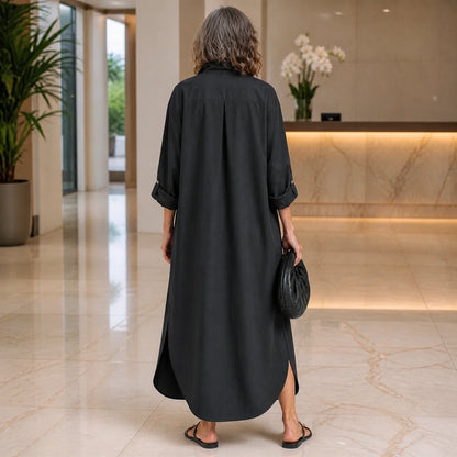 long wedding guest dress — Black linen button front maxi wedding guest dress complete back view — view 4