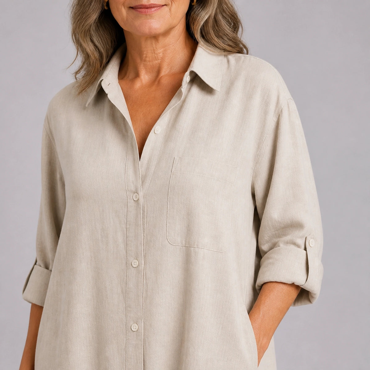 long wedding guest dress — Beige linen collar button sleeve and pocket construction detail — view 5