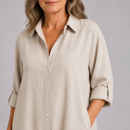 long wedding guest dress — Beige linen collar button sleeve and pocket construction detail — view 5
