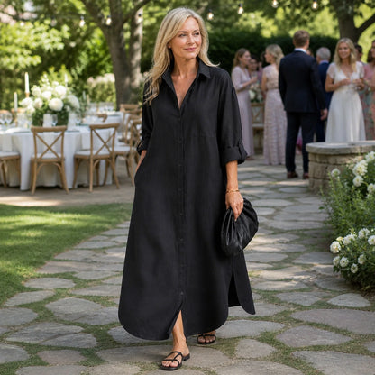 long wedding guest dress — Mature woman wearing black linen maxi wedding guest dress outdoors — view 6
