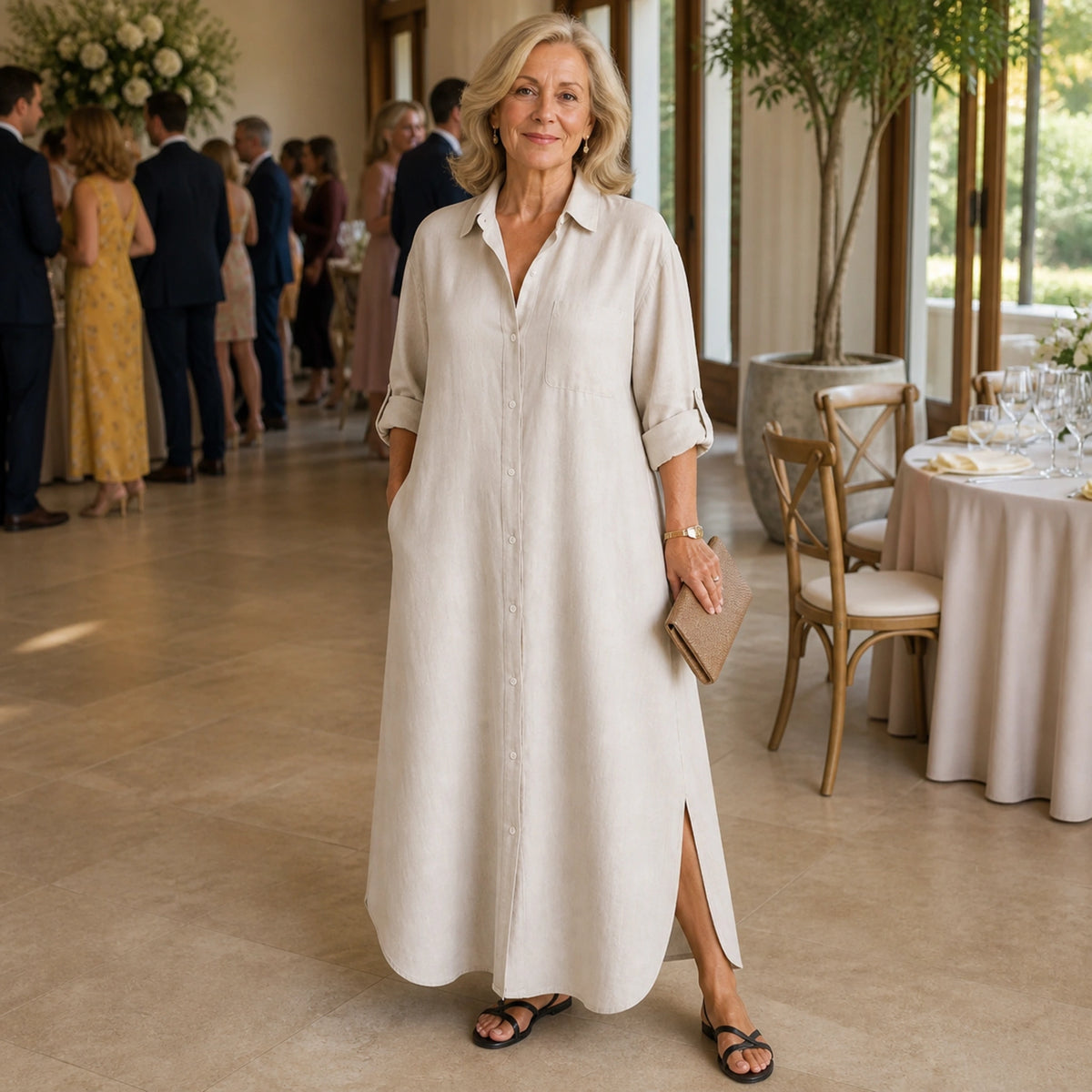 long wedding guest dress — Mature woman wearing beige linen maxi wedding guest dress at reception — view 7