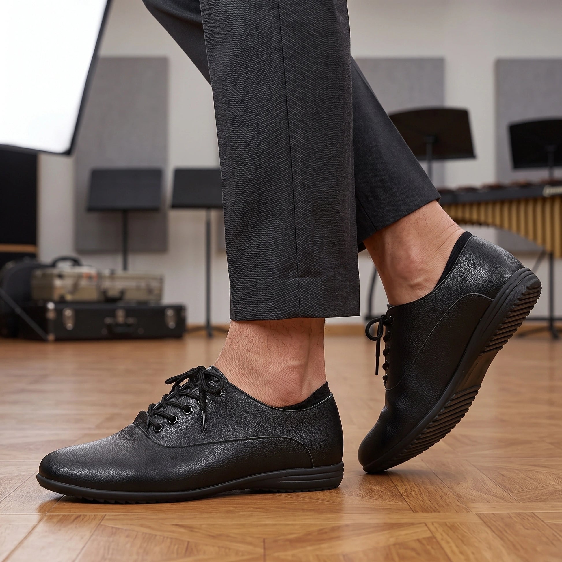 Close up view showing the high quality split leather and precise stitching of comfortable marching band shoes in a — view 10