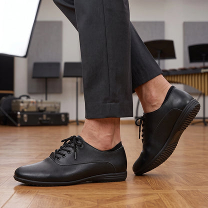 Close up view showing the high quality split leather and precise stitching of comfortable marching band shoes in a — view 10