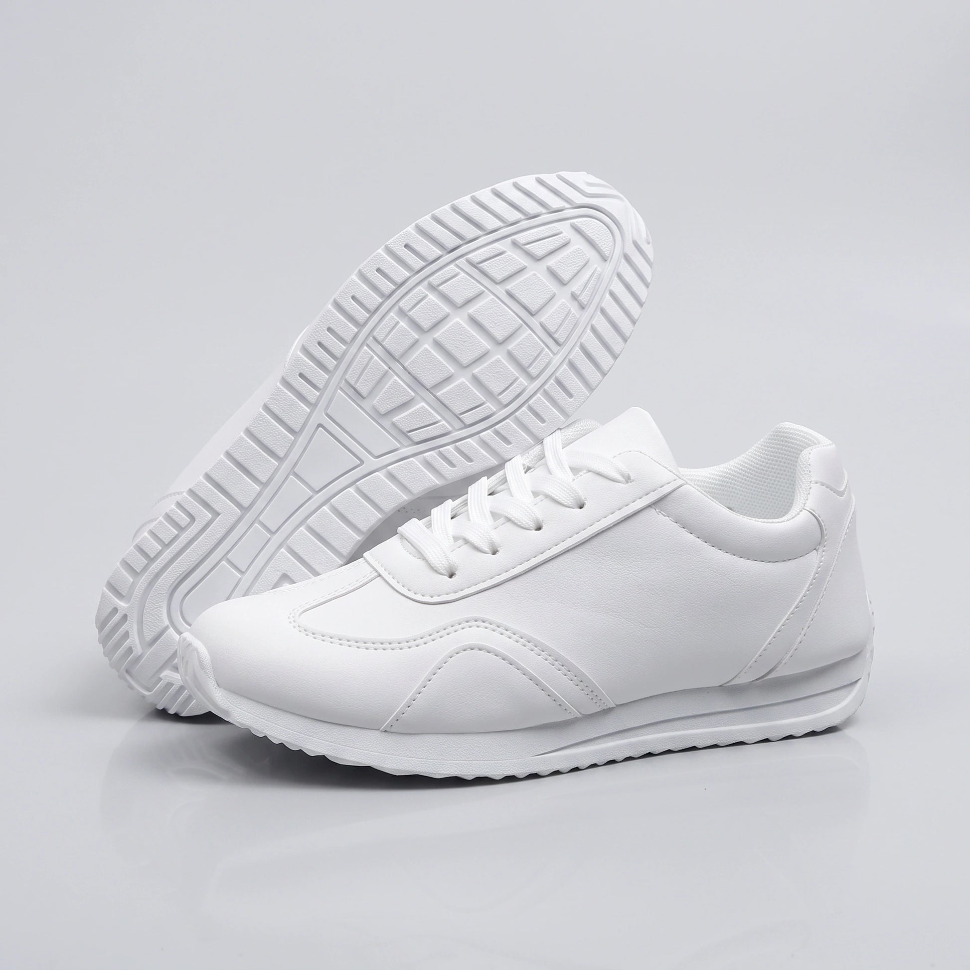 Close up view showing the durable Pu upper and precise stitching of comfortable marching band shoes, emphasizing quality