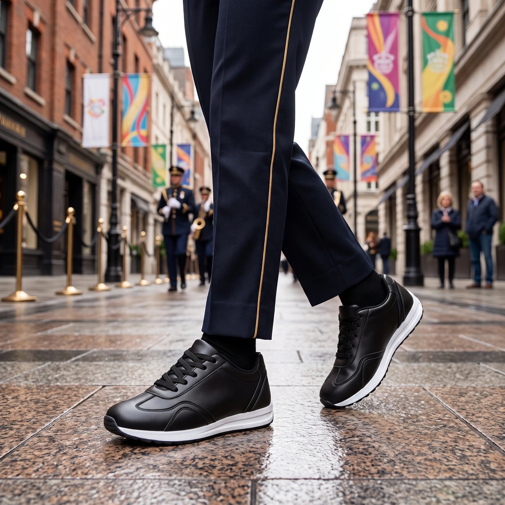 Close up of the marching band shoes showing durable Pu upper, intricate stitching details, and textured rubber — view 10