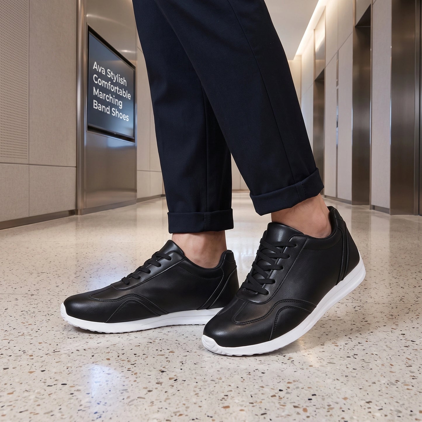 Close up view of the comfortable marching band shoes showing durable Pu upper, intricate stitching, and textured — view 9