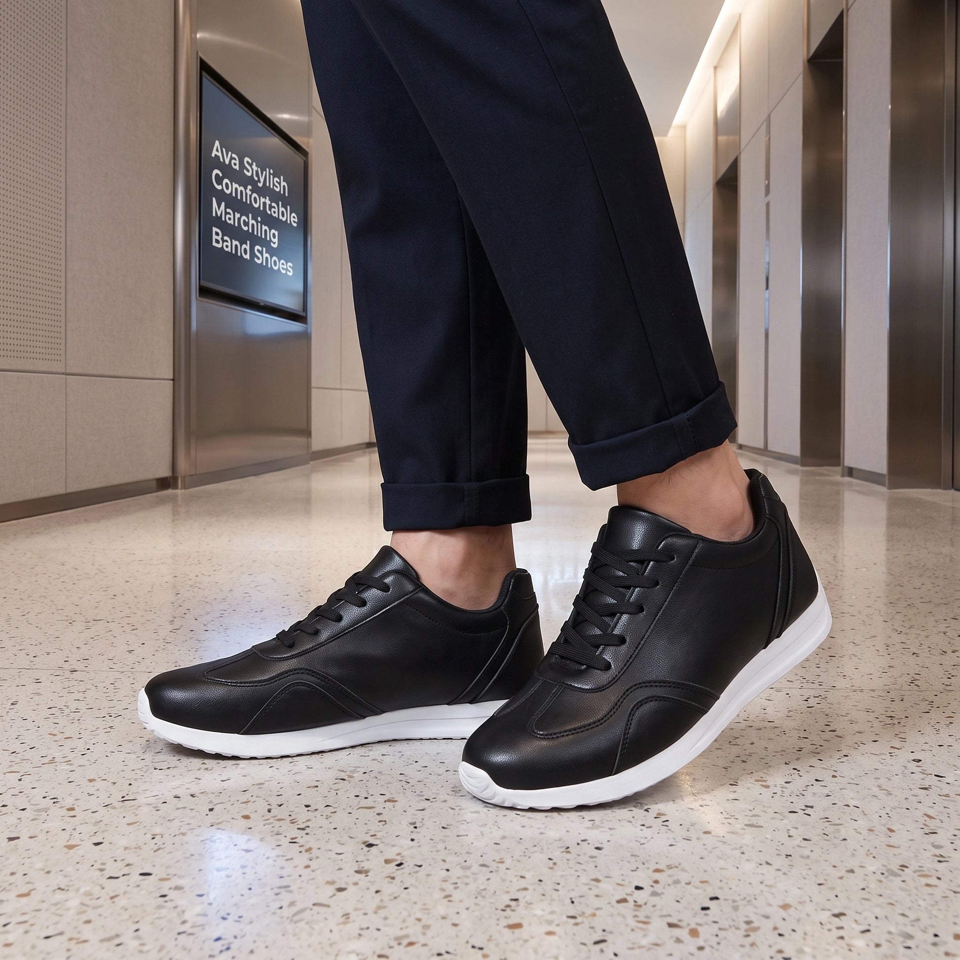 Close up view of the comfortable marching band shoes showing durable Pu upper, intricate stitching, and textured — view 9