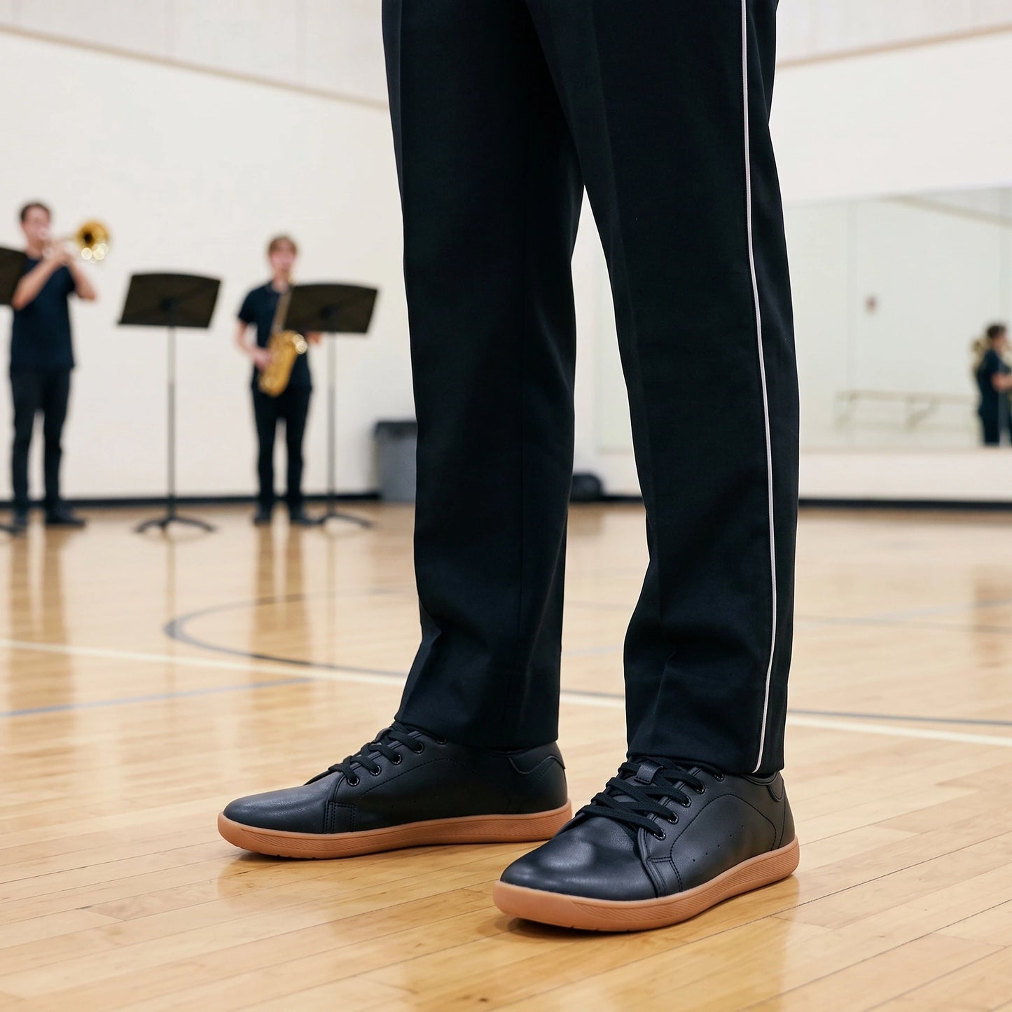 Close up view of the comfortable leather fabric and precise stitching on wide toe marching band shoes, showing — view 12