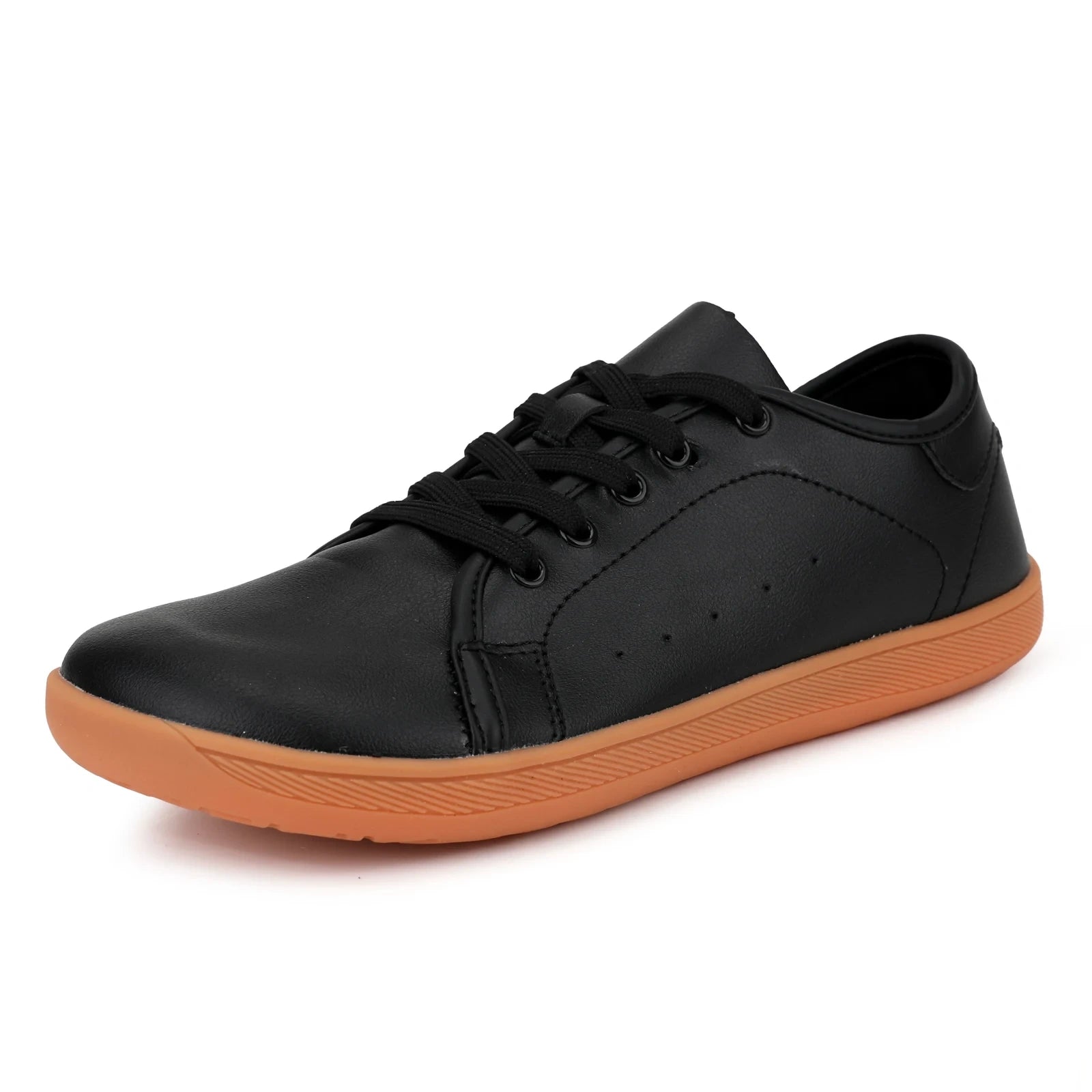 Marching band shoes — Black shoe with wide toe and tan sole, angled view — 7 — view 3