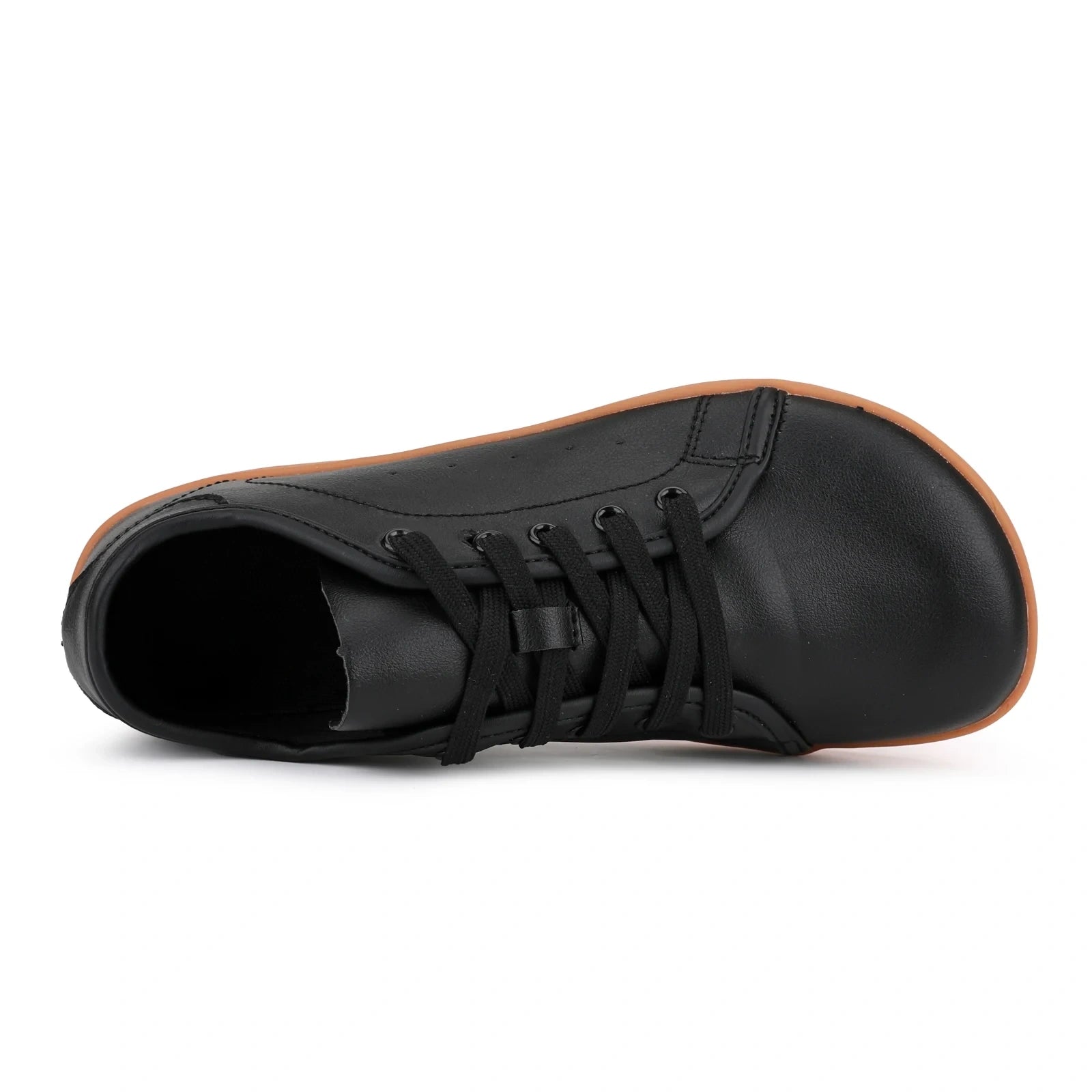 Marching band shoes — Black wide toe shoe with lace up design and brown sole, top view — 12 — view 7