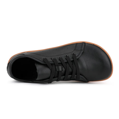 Marching band shoes — Black wide toe shoe with lace up design and brown sole, top view — 12 — view 7